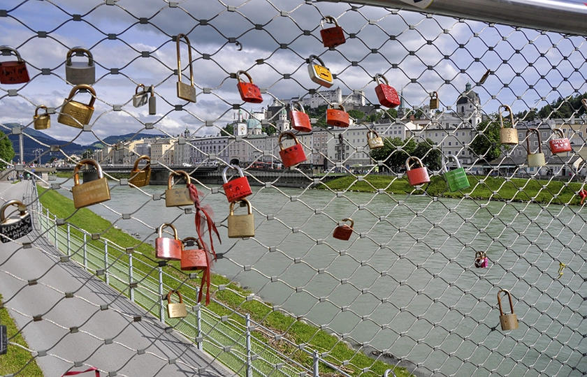 Salzburg and the River Salzach as seen from the Makart Steg bridge